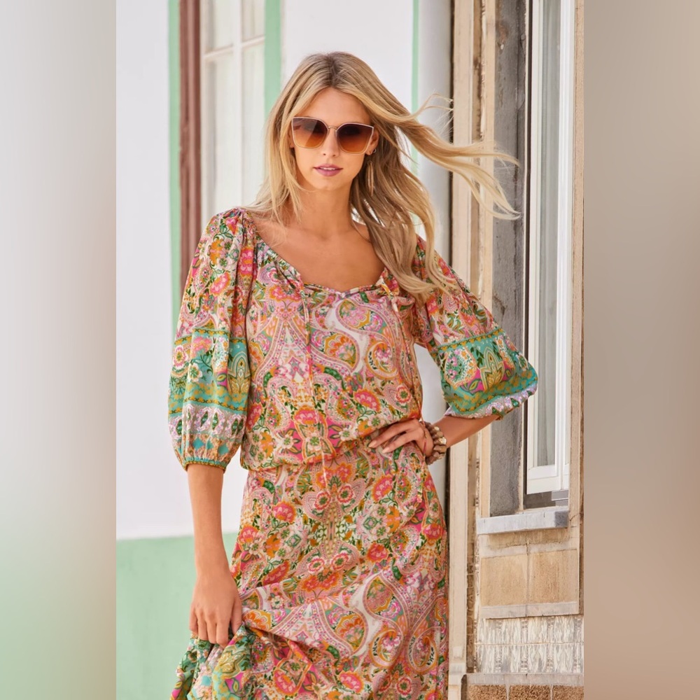 🩷 Boston Proper Blouse Sz Large Boho Beach Club Print Blouson Resort 3/4 Sleeves